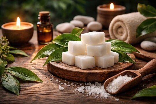 Inviting spa setup with camphor blocks and fresh leaves arranged on a textured wooden surface for aromatherapy