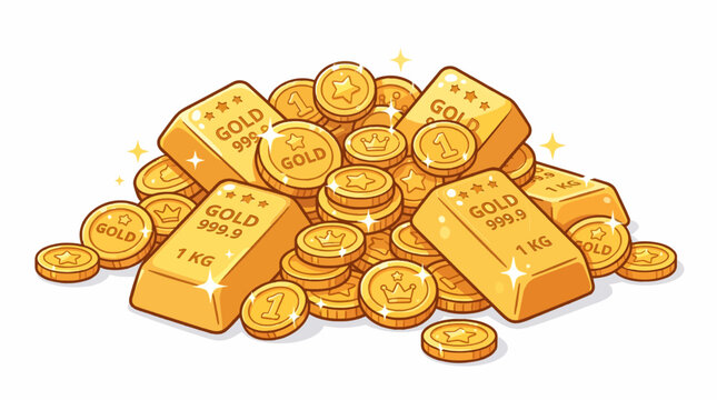 Vector illustration of a shiny pile of gold bars and coins in cartoon style