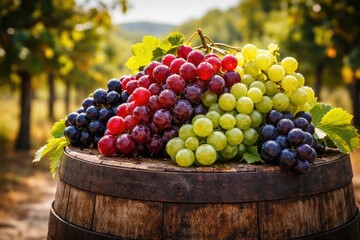 Fototapeta premium Vibrant mixed grape bunches placed on rustic barrel under clear outdoor sunlight