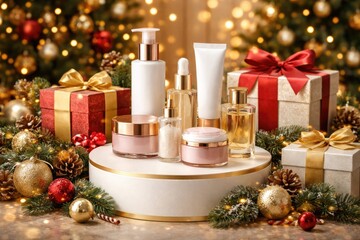 Fototapeta premium Christmas themed promotional setup with cylinder podium and decorative gift boxes showcasing beauty products