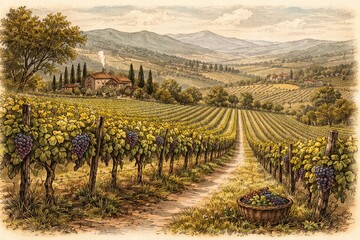 Naklejka premium artistic hand drawn vineyard panorama featuring old fashioned landscape elements