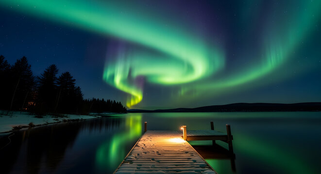 Spectacular aurora borealis dances above a tranquil lakeside pier at night creating a magical scene