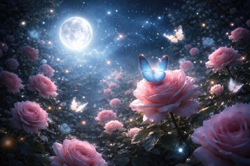 Naklejka premium Fairy tale scene of beautiful roses and butterflies under starry glowing moonlight