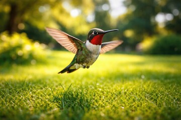 Fototapeta premium Happy pet hummingbird fluttering over a bright green lawn on a warm summer afternoon