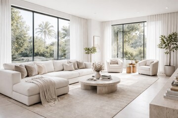 Fototapeta premium spacious modern living room with white decor and oversized windows featuring a plush sofa