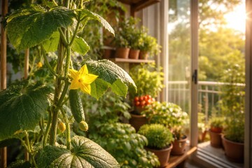 Fototapeta premium Cultivating vegetables indoors featuring cucumber plant with yellow blossom on sunlit balcony
