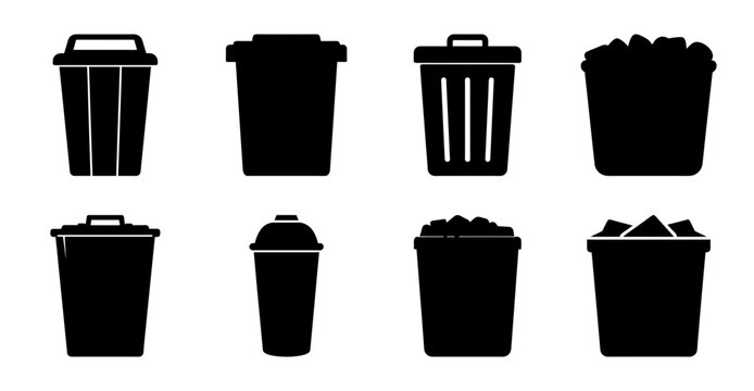 Collection of black and white garbage can and trash bin vector icons