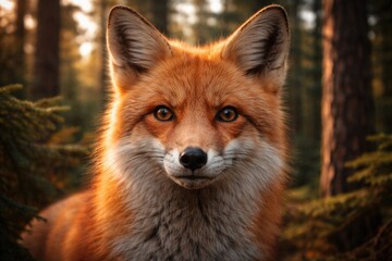 Fototapeta premium Intimate close up of a red fox gazing directly with pine trees behind