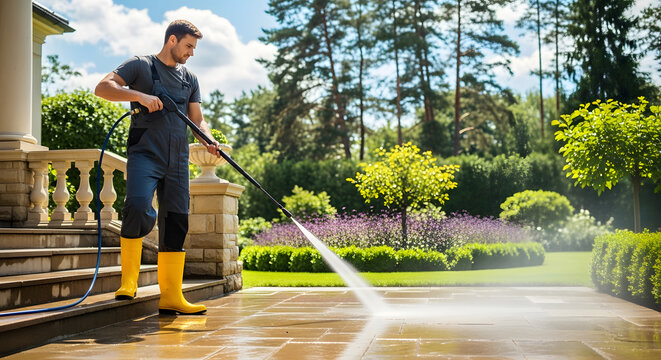 A man in dark clothing and yellow boots diligently cleans a stone pathway with a high pressure water jet outdoors