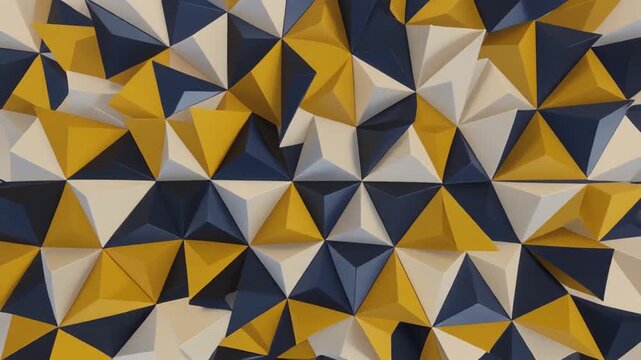 Abstract surface made of triangular prisms in shades of yellow, blue, and white. 3D effect