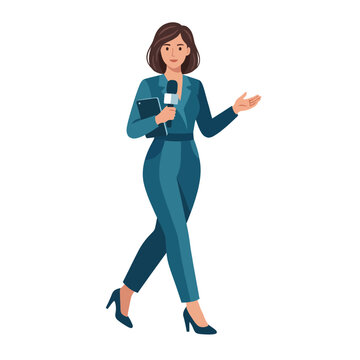 A confident female reporter dressed in a stylish suit holding a microphone, ready to deliver news or interviews, embodying professionalism and charisma in her stance.