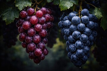 Fototapeta premium Vineyard scene with dark backdrop showing red wine grapes and contrasting blue grapes