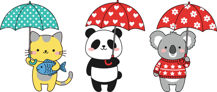 Cute Animal Cartoon Vector Illustration with Cat, Panda, and Koala Holding Umbrellas for Rainy Day Kids Design, Nursery Graphics, and Adorable Character Artwork