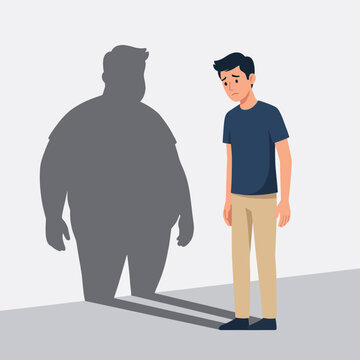 A young man stands with a worried expression, gazing at his shadow, symbolizing inner struggles with self-image and the desire for personal growth and fitness.