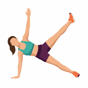 This vibrant illustration depicts a woman engaged in a challenging side plank exercise, showcasing strength, balance, and fitness, ideal for promoting health and workout routines.