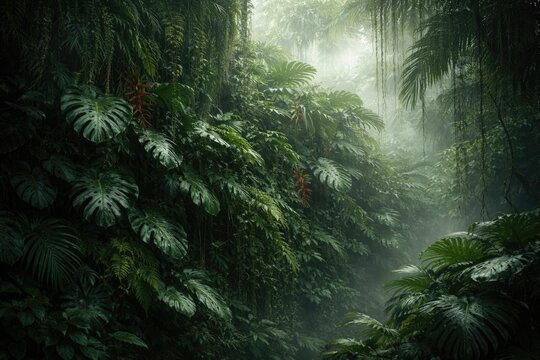 dense tropical foliage background with lush plant wall in misty rainforest
