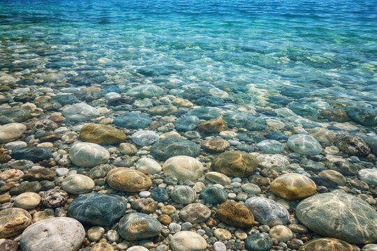 Clear sea water with smooth pebbles underwater background