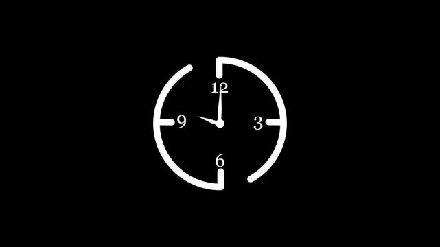 White clock icon vector with smooth ticking animation, clean clock face design, glowing white lines, isolated on black background, minimal modern style, time concept, seamless loop animation.
