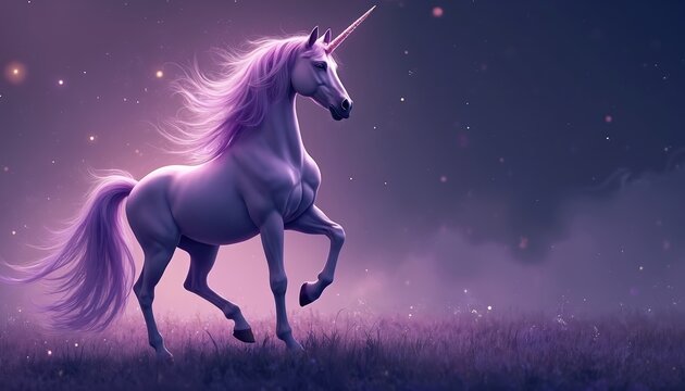 Majestic purple unicorn with flowing mane and tail stands in a field at night. Stardust sparkles around this mythical creature under a dark starry sky. This fantasy horse is enchanting.