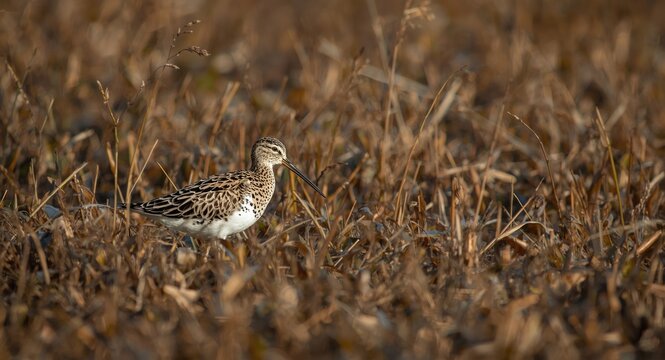 Wilson snipe bird with cryptic plumage blending into dense brown marshland