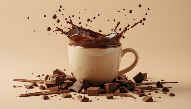 A white mug overflowing with splashing chocolate liquid and surrounded by chunks of chocolate on a beige background