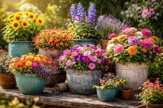 Colorful flowers growing in various potted plant containers