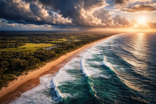 Birds eye snapshot of a quiet shoreline with rolling waves and striking clouds above fertile landscape