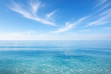 Fototapeta premium Calming seascape with serene blue sky and light cloud wisps above clear ocean horizon
