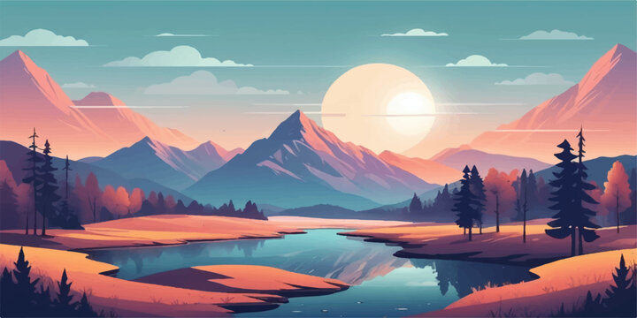 Colorful mountain landscape with sunrise and sunset over a misty lake under a cloudy sky