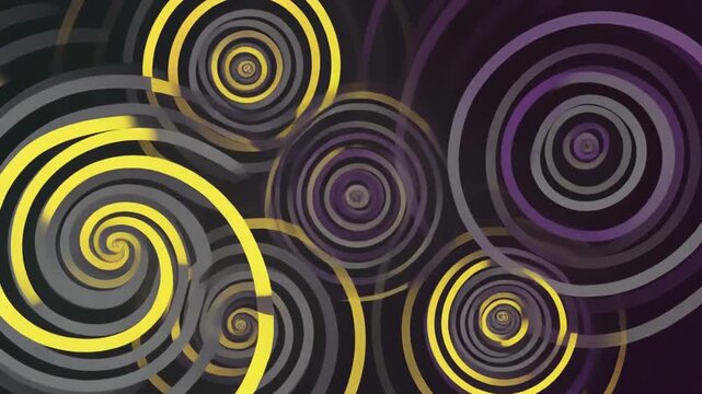 Abstract composition of spiraling concentric circles with yellow, grey, and purple hues on dark background