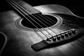 Fototapeta premium Artistic monochrome photo of acoustic guitar strings and body details