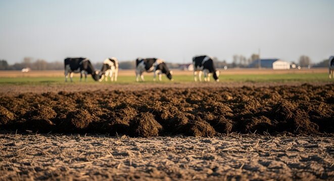 Close-up of plowed soil and organic manure in a field with dairy cows grazing in the background