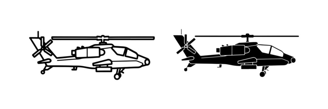 Military Attack Helicopter Silhouette and Outline Vector Set