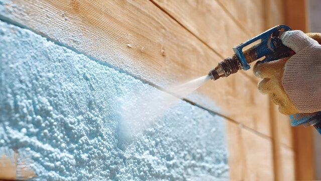 Hands spraying closed‑cell spray foam insulation onto a wooden wall section inside a home under construction, 4K ultra‑realistic