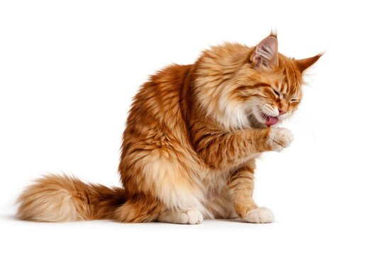 Happy ginger Maine Coon cat grooming on white backdrop from side view