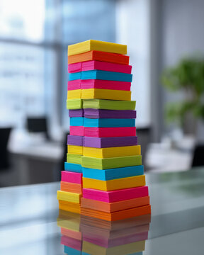 Vertical stack of colorful sticky flags arranged neatly on a clean flat surface for office use