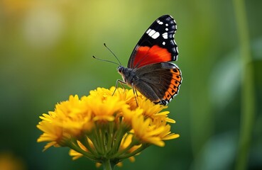 Obraz premium Red admiral butterfly rests on bright yellow flower. Insect with orange black white wings lands on flora. Nature scene, macro view, summer day, garden background.