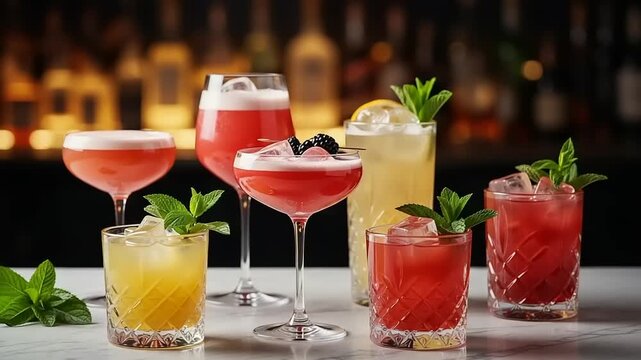 Assorted colorful cocktails on a bar