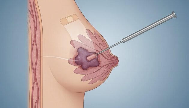 This medical illustration demonstrates a core needle biopsy of the breast, a diagnostic procedure to evaluate a suspicious lump or lesion.
