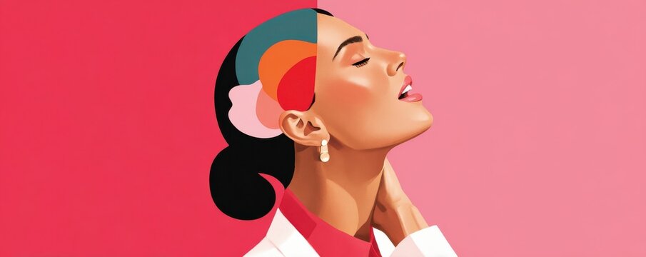 Colorful portrait of a woman with an open head revealing layered abstract mind illustration