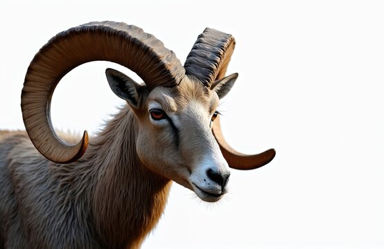 Male blue sheep ram with large curved horns stands in profile. Animal has thick fur and intense eyes against white backdrop. Majestic wild mountain mammal.
