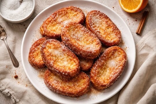 Classic Spanish torrijas coated in sugar served on a white plate from top view