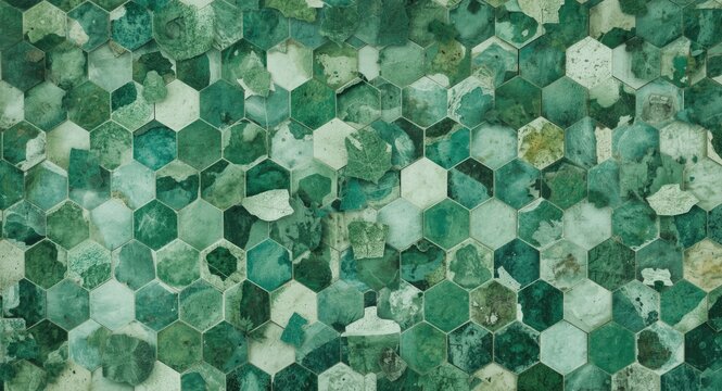 Symmetrical arrangement of hex tiles in green and white with large copy space area