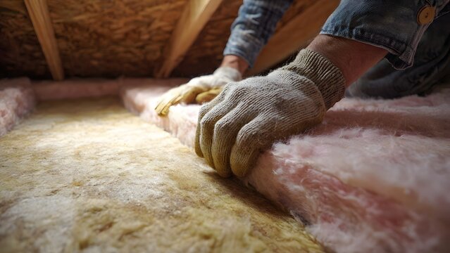 Close‑up of thick yellow insulation between floor joists with warm light, 4K