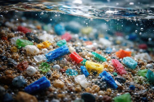 Detailed macro view of multicolored non-recyclable microplastics focusing on aquatic pollution concerns