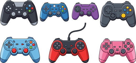 Colorful video game controller joystick cartoon set with black, blue, purple, gray, red, and pink gamepad designs on white background © Shefali