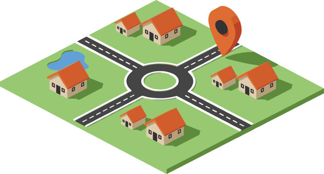 Vector illustration of suburban neighborhood map with houses, roundabout, pond and location pin in navigation design