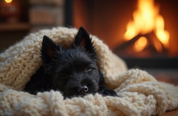 Naklejka premium Black scottish terrier puppy slepic warmly wrapped in cream knit blanket by bright fireplace. Small dog rests peacefully, enjoying cozy comfort indoors. Cute pet doggy naptime.