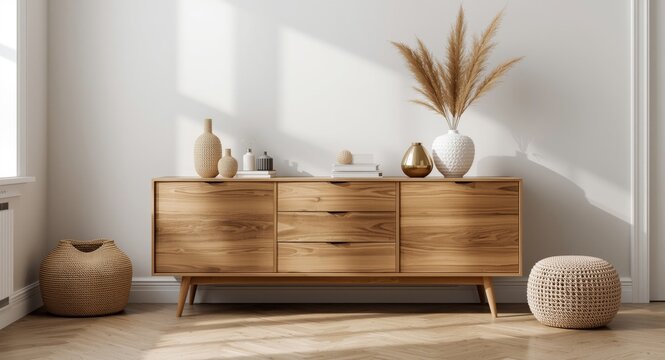 Stylish home decor template highlighting Scandinavian wooden commode and elegant decorations