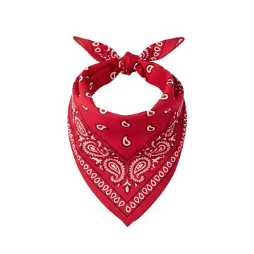 Red bandana with white paisley pattern tied around the neck on a transparent background.